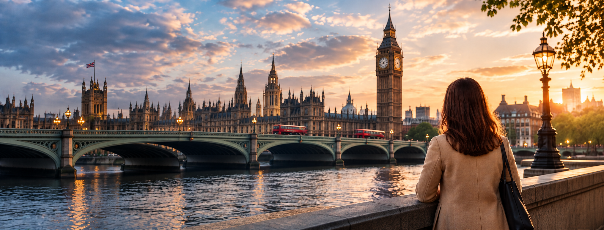 A woman on the Thames embankment at sunset looking across the river to the Palace of Westminster, Big Ben and Westminster Bridge