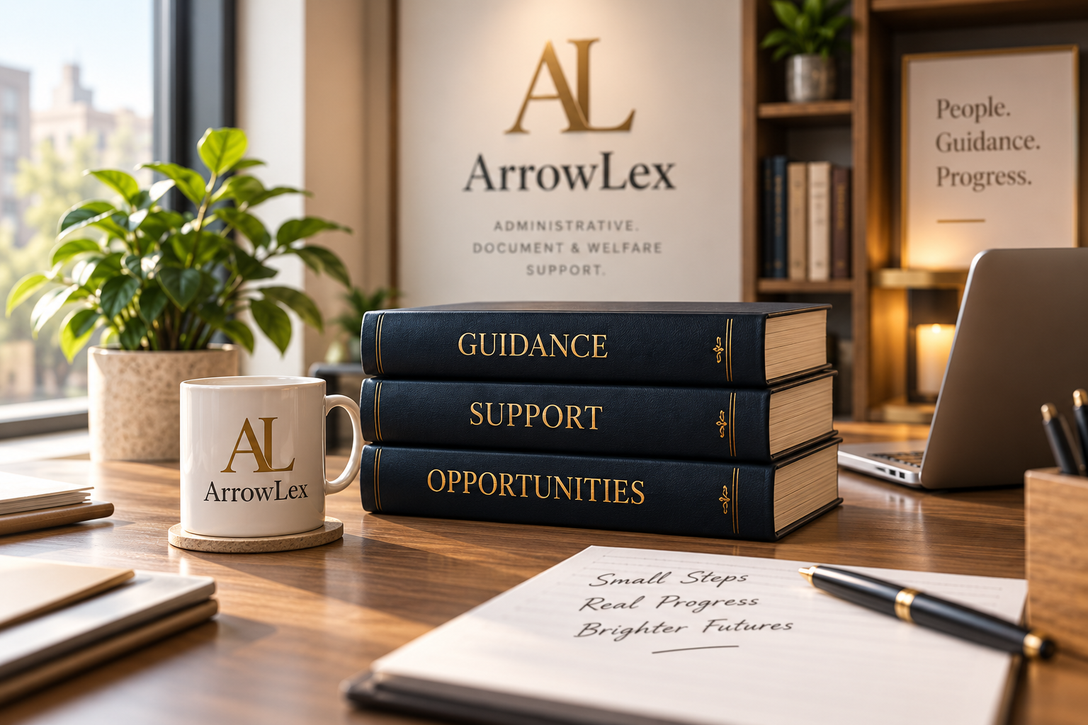 A sunlit desk with bound volumes marked Guidance, Support and Solutions beside an ArrowLex print