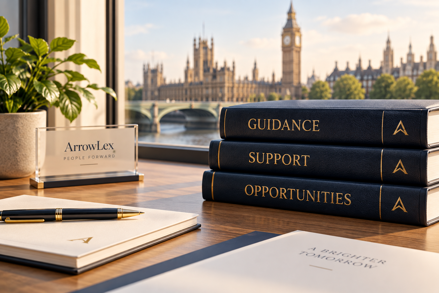 A stack of bound volumes and a notebook on a desk, with a window behind