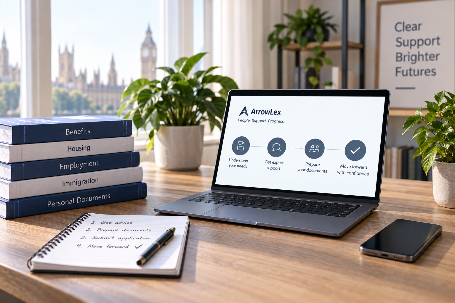 ArrowLex reference photography: an ArrowLex mug beside volumes marked Knowledge, Guidance and Opportunities